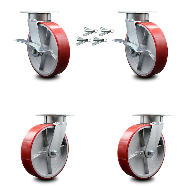 Service Caster 8 Inch Kingpinless Red Poly on Steel Wheel Caster Swivel Locks 2 Brakes, 4PK SCC-KP30S820-PUR-RS-SLB-BSL-2-BSL-2 - main